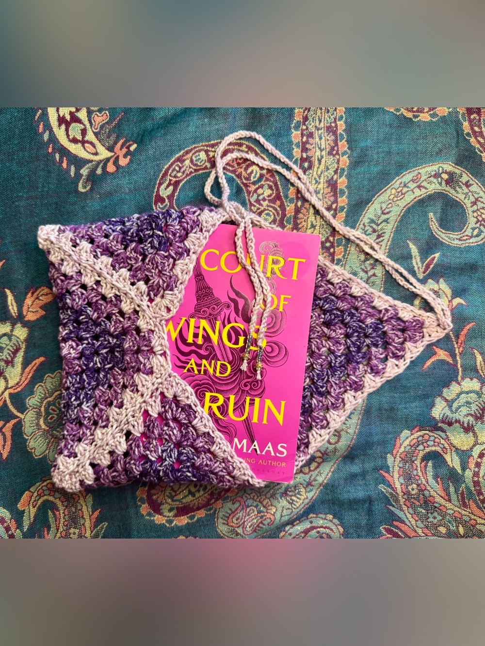 Crochet Beaded Book Cover: Purple w/ Beaded Flowers